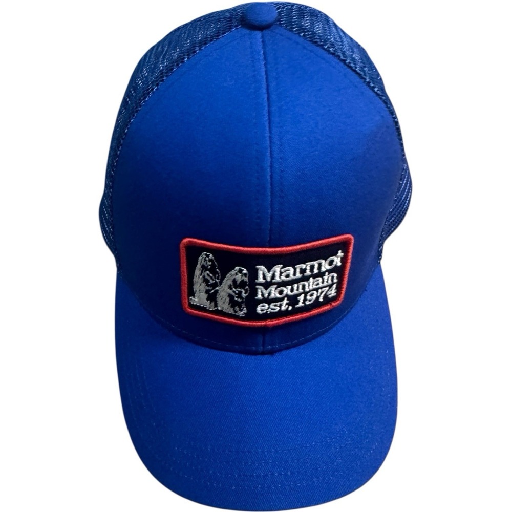Marmot Mountain Works est 1974 Logo Retro Trucker Hat Blue‎ Cap Snapback EUC H